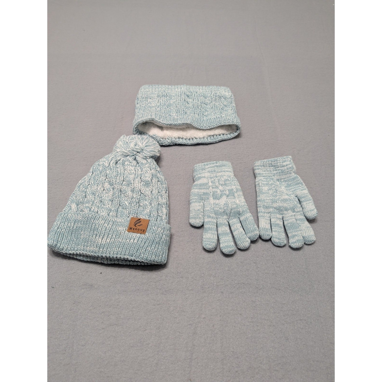 Wenouy 3pc Winter Set Beanie Hat Neck Warmer Gloves Blue Cable Knit Pom Pom