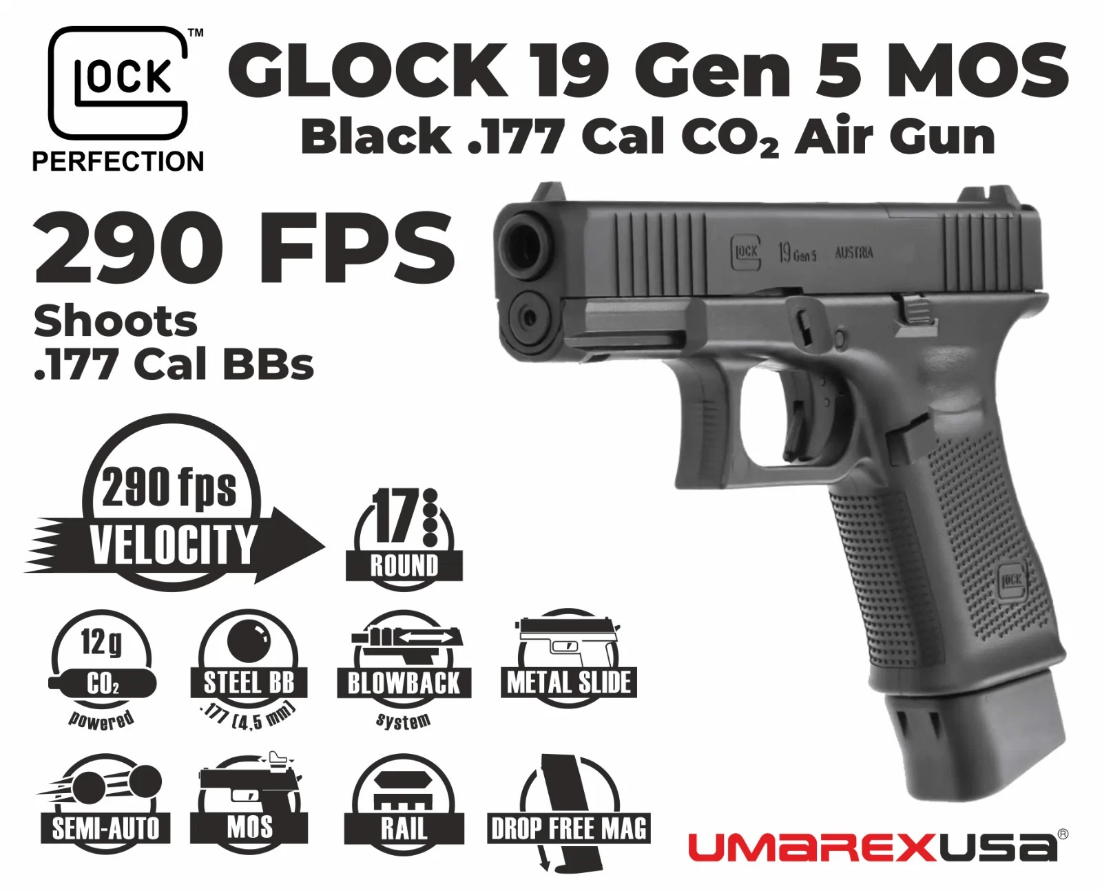 Umarex GLOCK 19 MOS .177 Cal Air Pistol Blowback w/ BBs & 5 CO2 (2255230) Gen 5