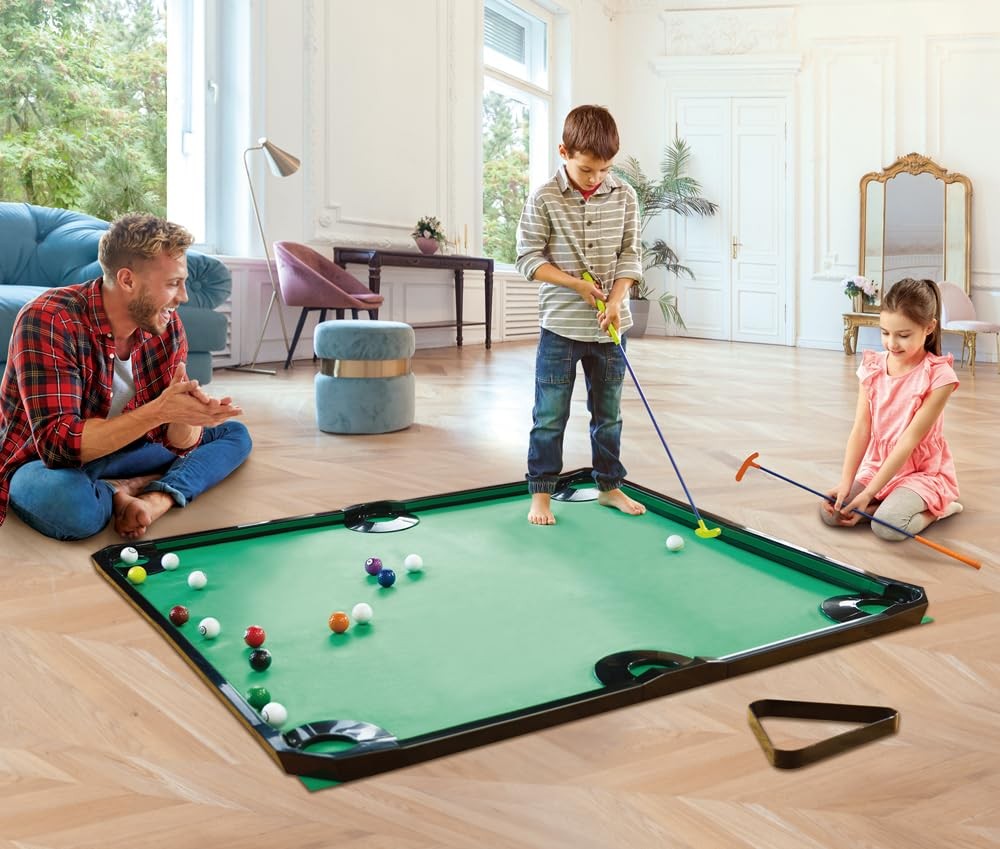 Pool Golf Indoor Family Game with Putting Mat 69.3 L x 57.5″ W, Includes 2 Cl…