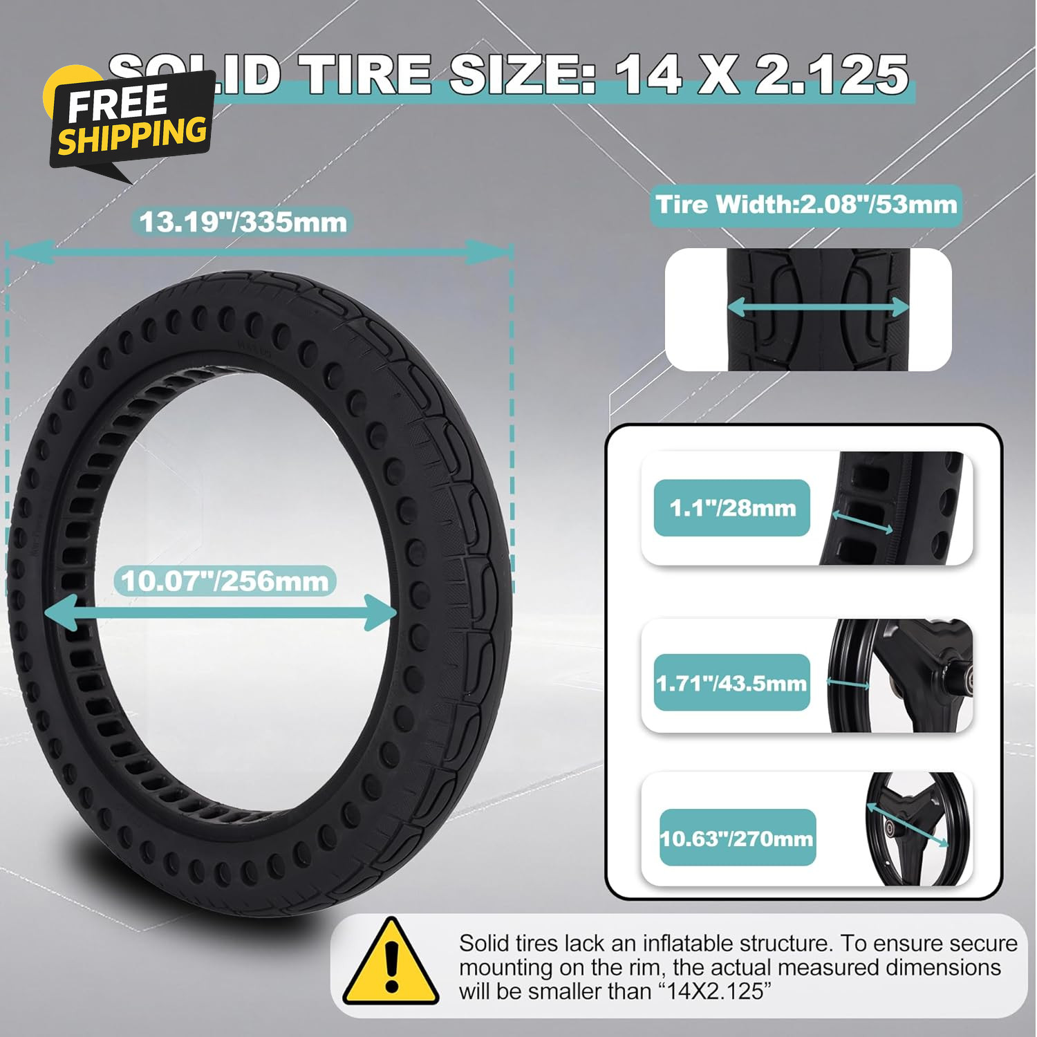 14×2.125 Solid Tire 14″ Airless Tubeless E-Bike E-Scooter Replacement Tire