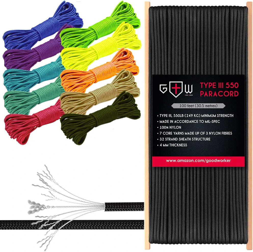 Paracord Type III 550 lb – 100ft 4mm – Nylon Tactical Cord Rope 32 strand Black