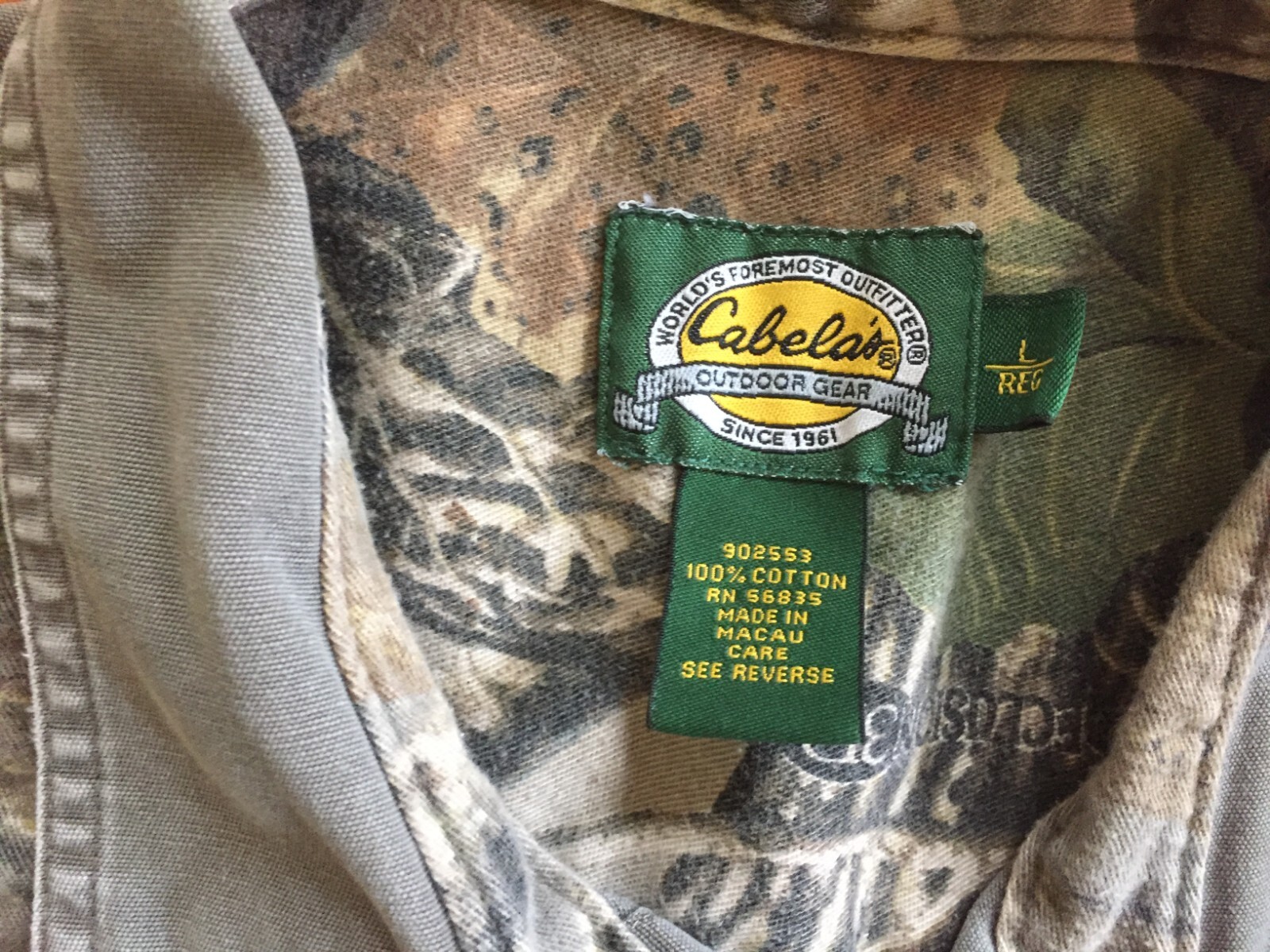Cabela Shooters Shirt Long Sleeve Padded Camo Shoulder Moss Green Cotton L/ Reg