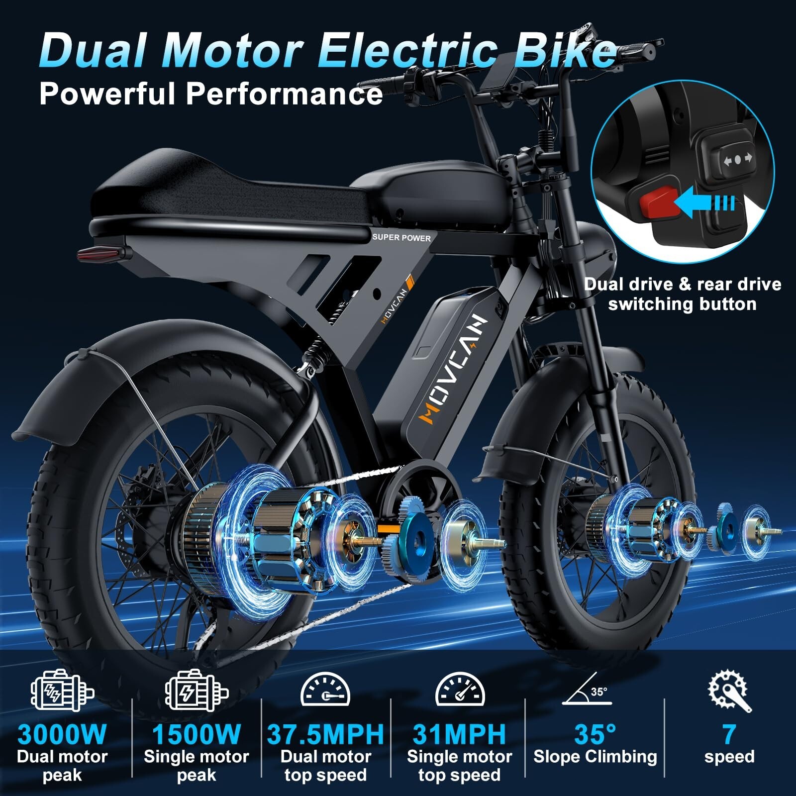 Movcan 20″ Fat Tire Electric Bike 37.5mph 3000W 48V 40Ah Mountain Ebike Adults