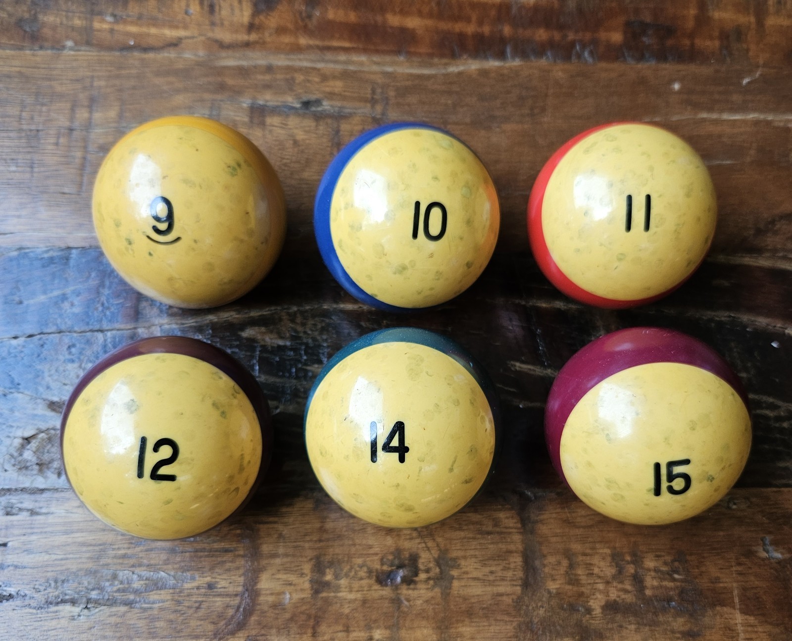 12 Vtg Pool Balls + Box | Ringed & Serif Fonts | Mid-Century Billiard Craft Lot