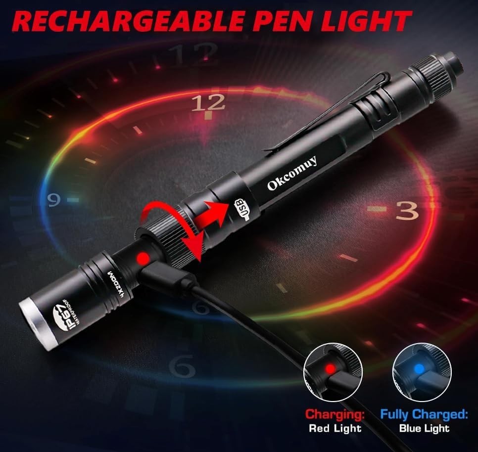 COVMAX Rechargeable Pen Light Flashlight IP67 Waterproof with Pocket Clip 4-Z…