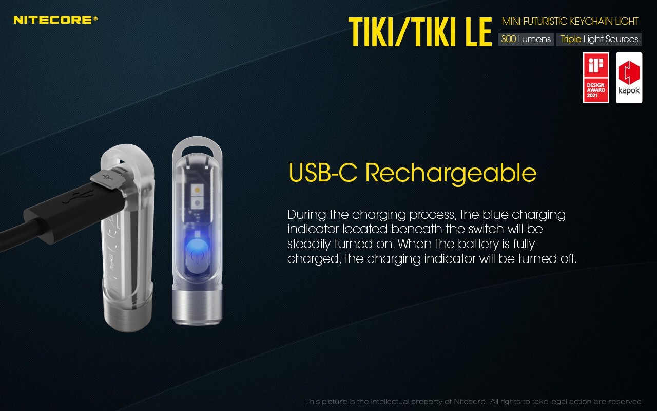 NITECORE TIKI LE 300 Lumen USB-C Rechargeable Keychain Flashlight Red/Blue LED
