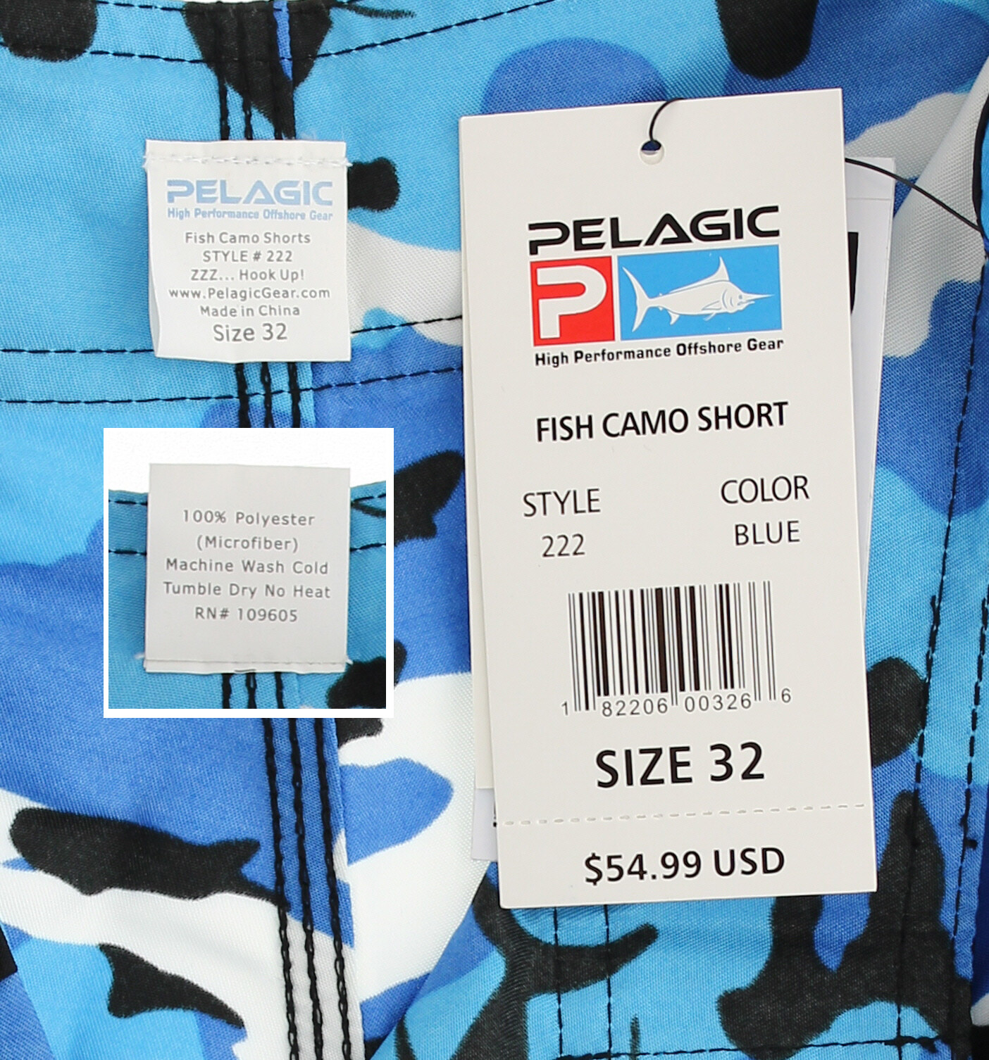 Pelagic Men’s Fishing Shorts 222, High-Performance Fish-Print Camouflage Shorts