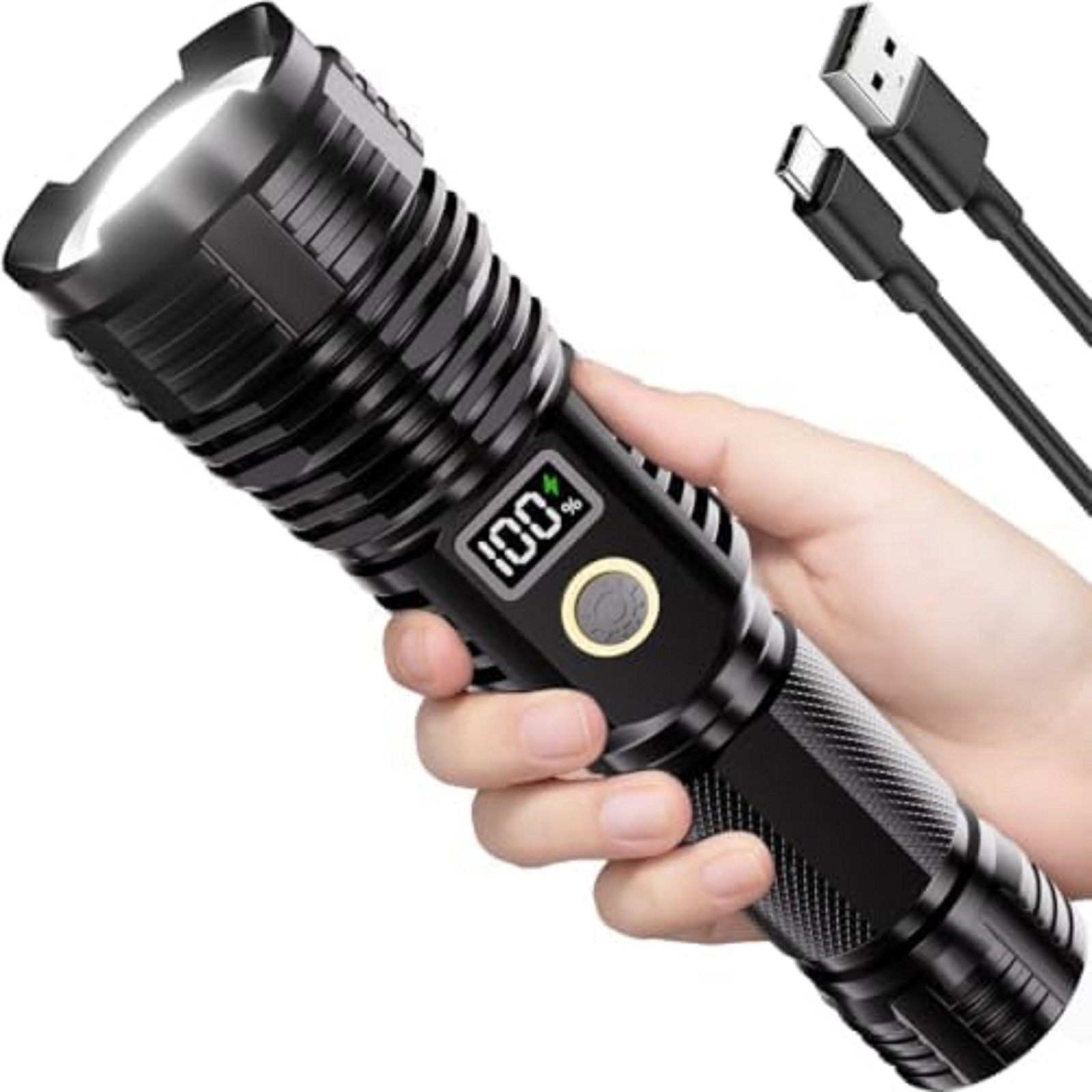 Flashlights High Lumens Rechargeable, 10000LM LED Super Bright Flash Black