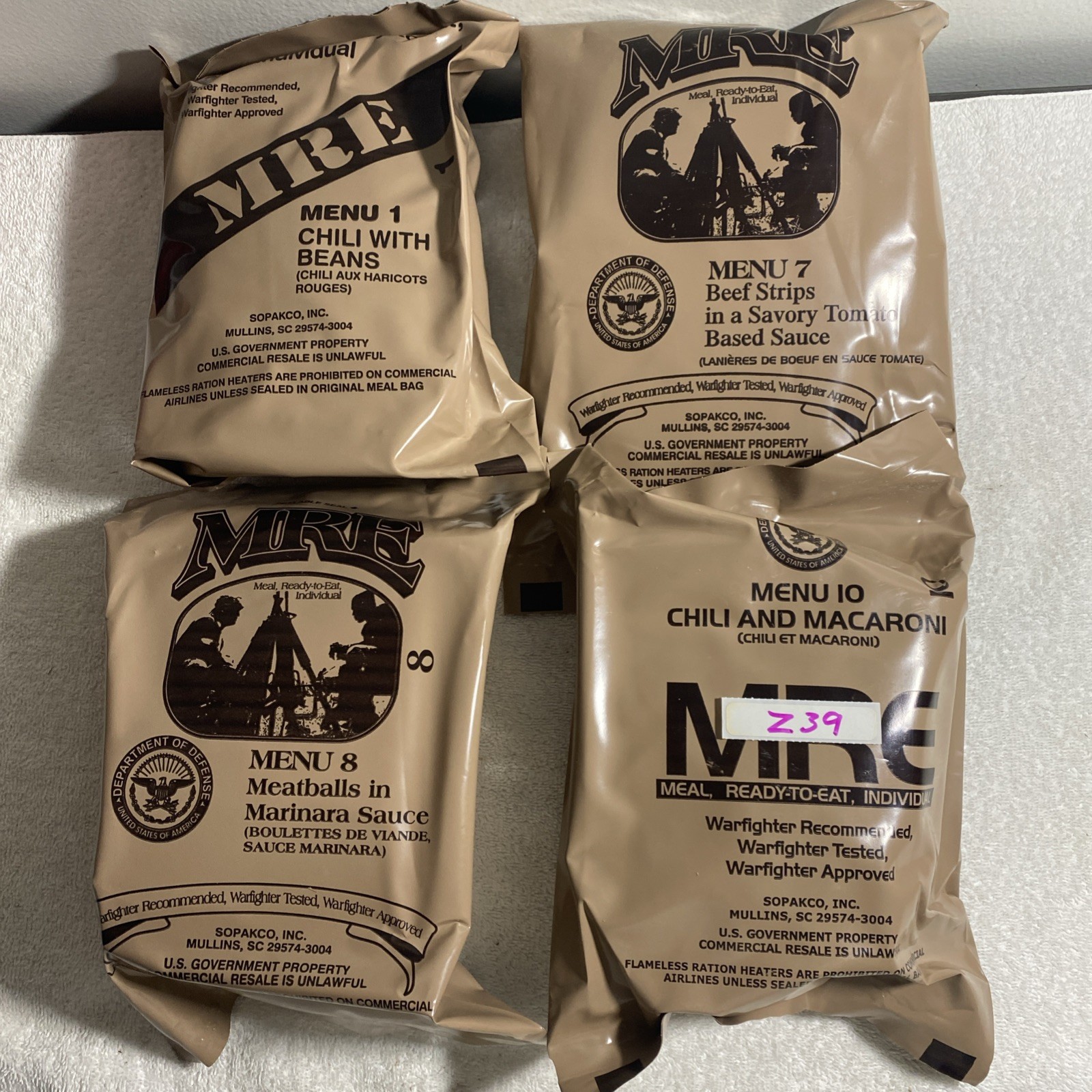 Lot Of 4 MRE U.S. Military Ready to Eat Meals INSP 2025 Menu # 1,7,8,10, (Z39)