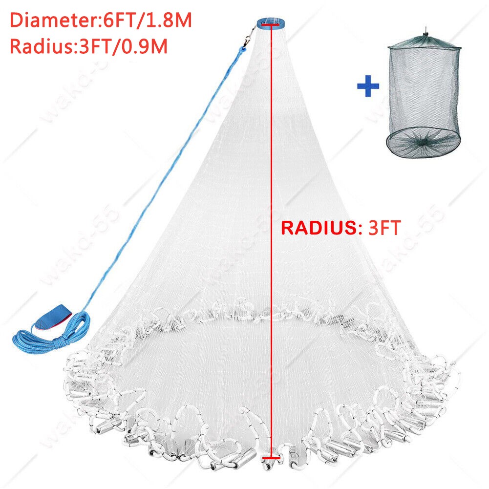 6/8/10/12/16FT Fishing Cast Net Bait Easy Throw Hand Cast Strong Nylon Mesh USA