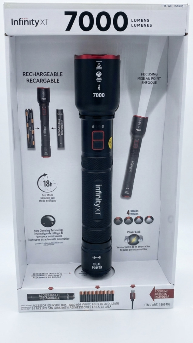 Infinity X1 7000L Dual Power Rechargeable Flashlight 18Hr Eco Mode Auto Dimming