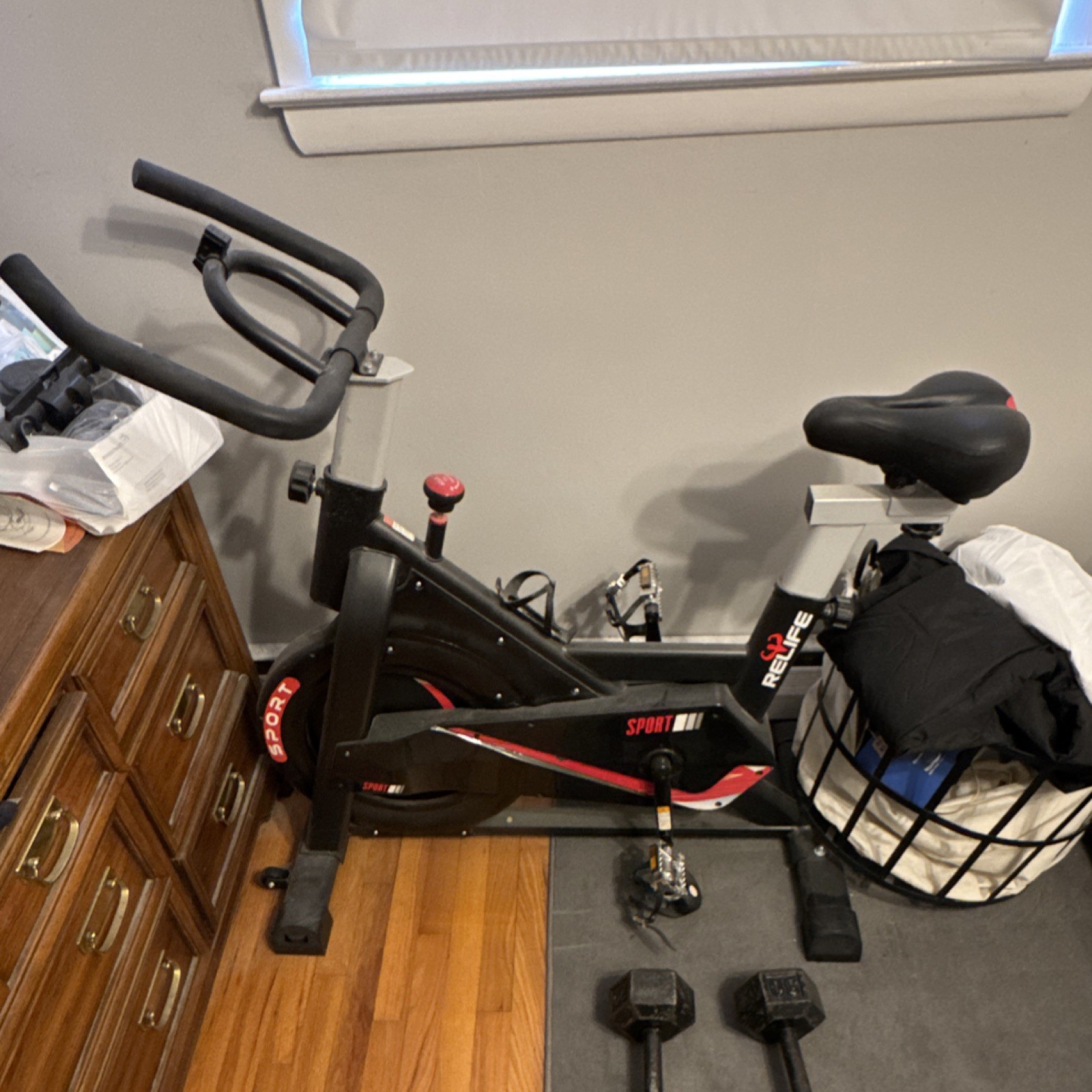 RELIFE Upright Exercise Bike Black Red Adjustable Seat Metal Home Use